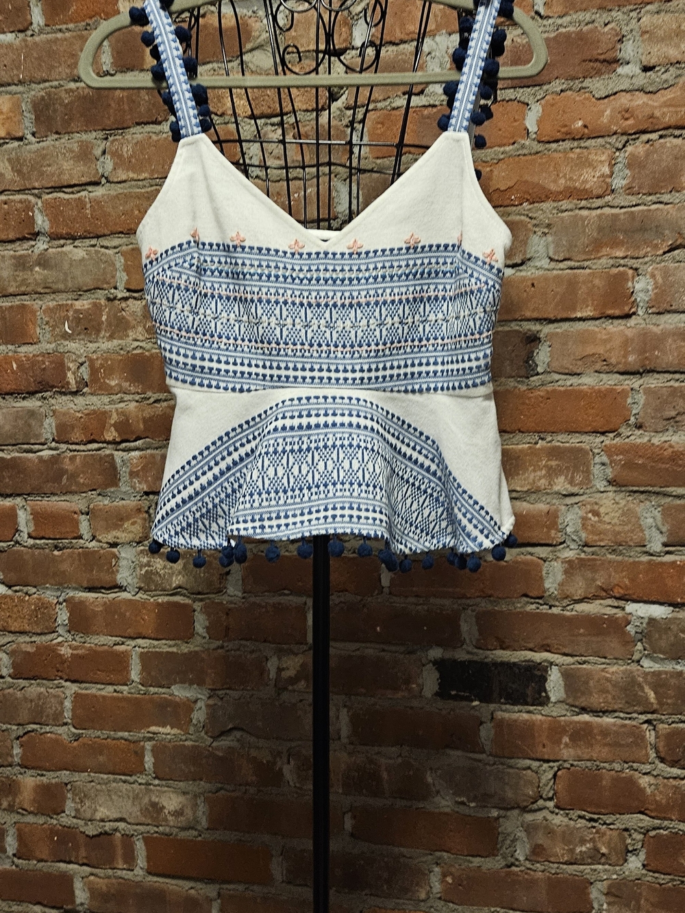 Pankaj& Nidhi White & Blue Embroidered Pom-Pom Peplum Cami